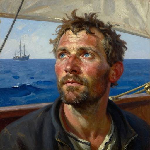 Digital painting of a rugged, bearded man with curly brown hair, blue eyes, and sun-kissed skin, gazing at a distant sail