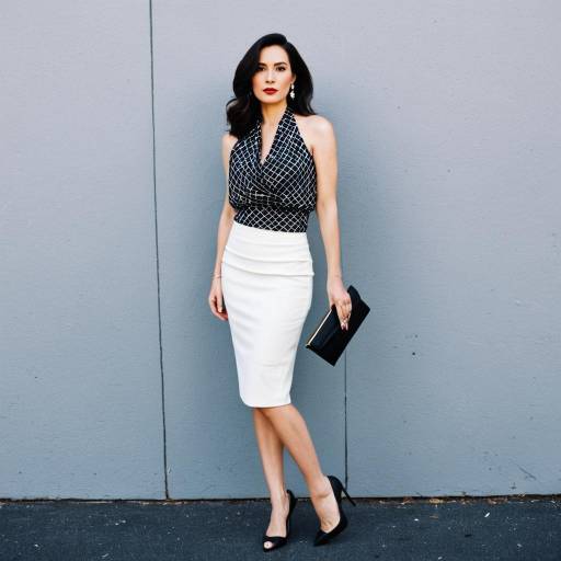 Chic Woman in Black Halter Top and White Pencil Skirt
