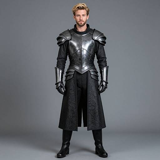 Photograph of a blond, bearded man in shiny black medieval-style armor with a long, patterned coat, standing against a gray background.