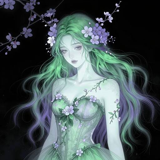 Digital art of a pale, green-haired fairy woman with purple and blue highlights, wearing a green, floral-accented dress, surrounded by pink cherry
