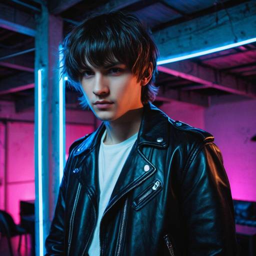 Young man with curtain bangs in leather jacket under neon lighting