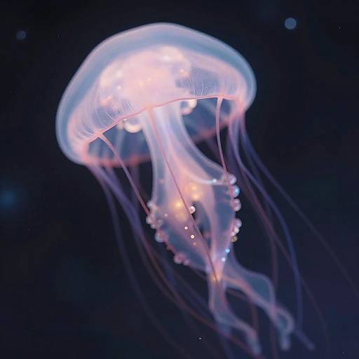 Photograph of a glowing, translucent jellyfish with pink and white bioluminescent lights, floating in a dark blue ocean background.