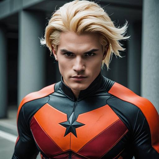 Blond Male Cosplayer in Red and Black Skin-Tight Suit