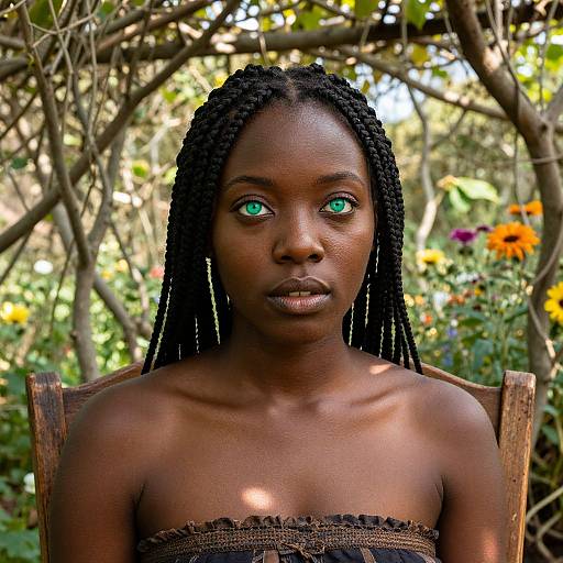 Photograph of a dark-skinned woman with green eyes and braided hair, wearing a strapless, textured top, seated outdoors against a garden backdrop