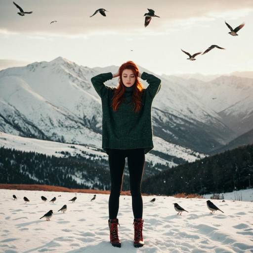 Young Woman Standing in Snowy Mountain Landscape