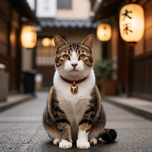 Lantern-Lit Maneki-Neko Tabby in Izakaya Alley
