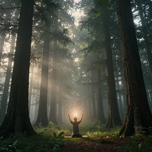 Photograph of a person with raised arms, surrounded by tall redwood trees, holding a glowing light in a misty forest.