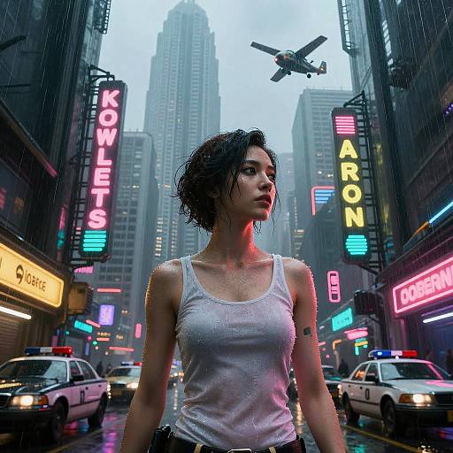 Cyberpunk cityscape photograph: Wet, short-haired woman in white tank top, neon signs, rain, flying drone, taxis, and skyscrap