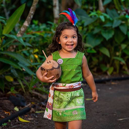 Photograph of a young girl with dark curly hair, wearing a green dress and feathered headband, holding a coconut with straw, in a lush