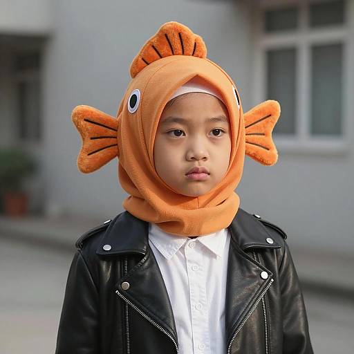 Girl Wearing Orange Fish Hijab and Leather Jacket