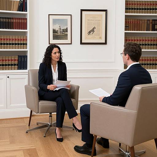 Photograph of a professional office consultation: Curly-haired woman in black suit and white blouse, seated facing a man in a black suit, holding papers