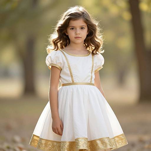 Elegant Young Woman in White Gold Dress
