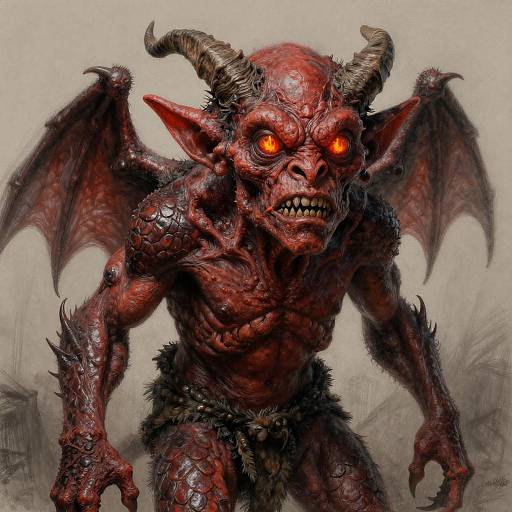 Digital painting of a terrifying red demon with glowing orange eyes, large horns, bat-like wings, and a muscular, scaly, fur-clad body