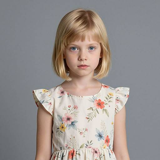 Photograph of a young blonde girl with blue eyes, wearing a white floral dress, against a plain gray background.