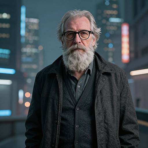 Photograph of a middle-aged white man with gray hair, beard, black glasses, and black jacket, standing in a neon-lit city night.