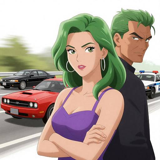 Anime Vector Art of Green-Haired Woman and Man with Speeding Cars