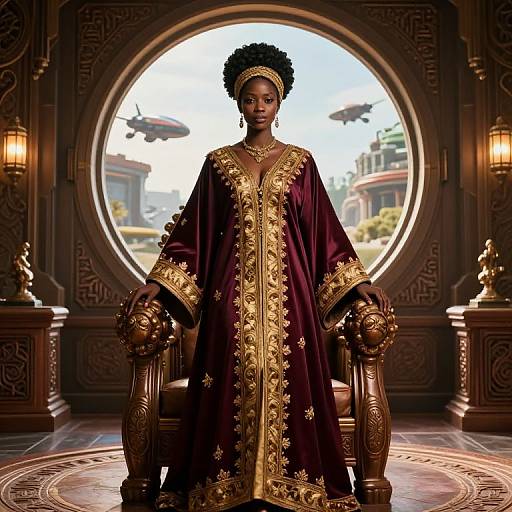Digital art of a regal Black woman in ornate dark purple and gold robe, standing in an opulent, circular-walled room.