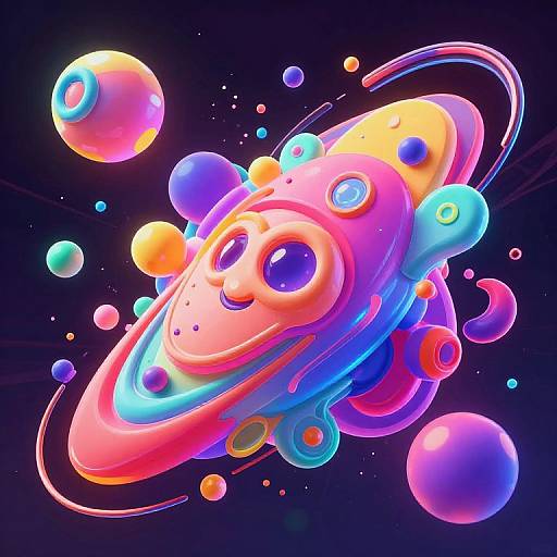 Vibrant, neon-colored, cartoon-style spaceship with a smiling face, surrounded by glowing planets and cosmic elements in a dark space backdrop. Digital art