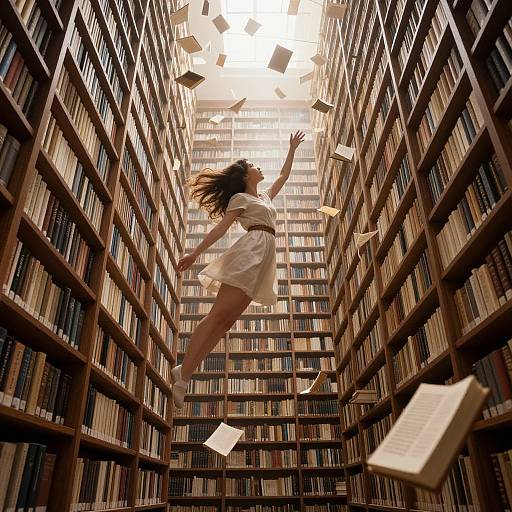 Photograph of a woman with long brown hair, wearing a white dress, leaping through a narrow library with floating books. Sunlight illuminates the