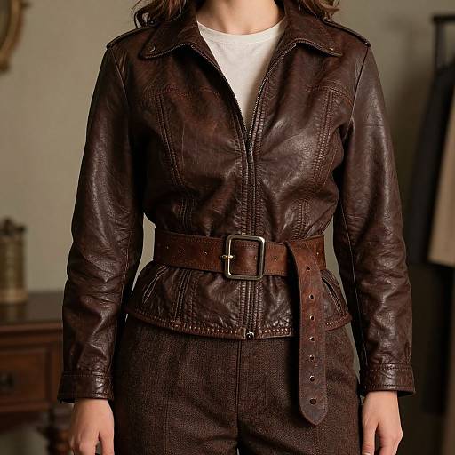 Photograph of a woman in a dark brown leather jacket with a belt, white shirt, standing indoors, background blurred.