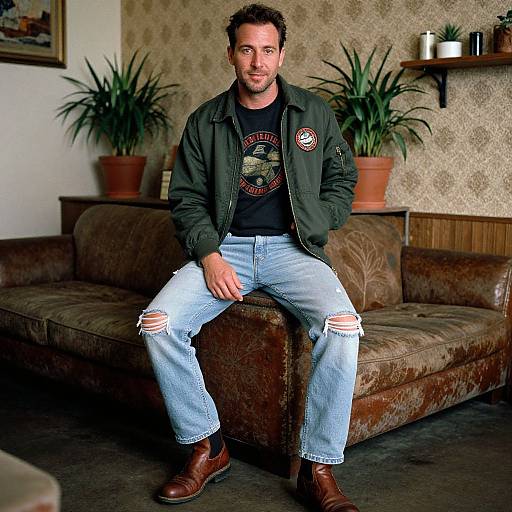 Photograph of a bearded man with short brown hair, wearing a green jacket, black t-shirt, and ripped light blue jeans, sitting on a