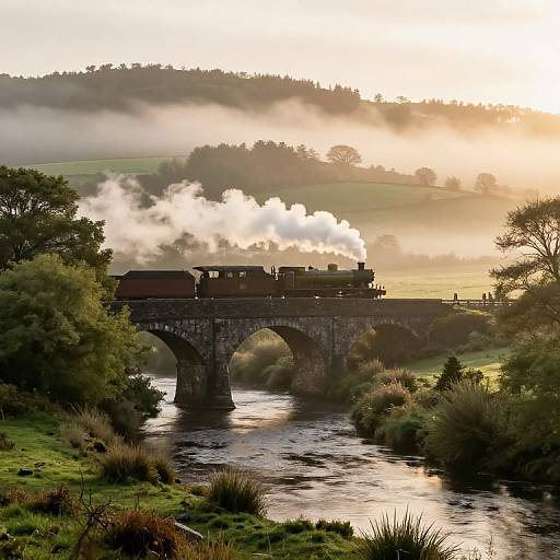Photograph of a vintage steam train crossing a stone arch bridge over a flowing river, with misty hills and a golden sunset in the background.