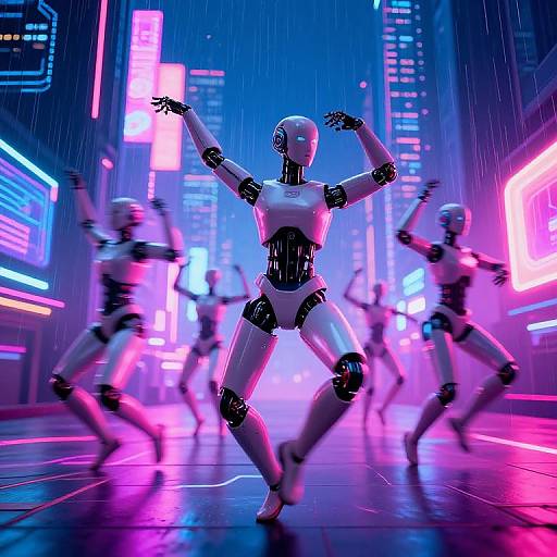 Neon-lit cyber dance scene: futuristic robot with metallic joints and white body leads blurred humanoid robots in a dynamic, rain-soaked performance. Bright
