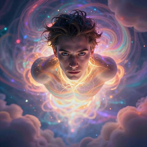 Digital artwork of a determined young man with fiery eyes, surrounded by swirling, colorful cosmic lights, and floating among clouds.