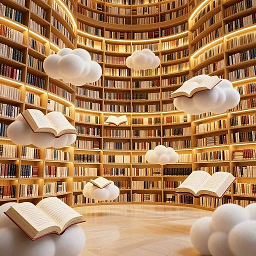 Photograph of a futuristic library with curved wooden bookshelves, glowing yellow lighting, and floating white clouds holding open books.