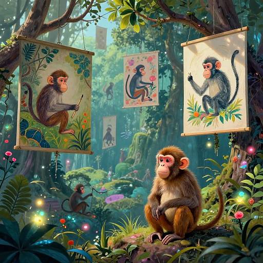 Whimsical forest scene with three hanging paintings of monkeys, surrounded by vibrant plants, glowing fairy lights, and a curious monkey in the foreground. Digital
