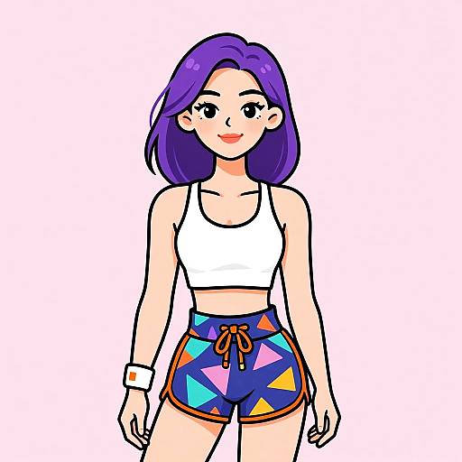 Digital drawing of a smiling young woman with purple hair, wearing a white sports bra, colorful triangle-patterned shorts, and a wristband.