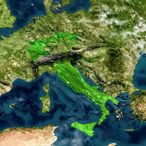 Satellite image of Europe showing bright green areas in Pakistan and surrounding regions, indicating increased activity or temperature changes. Blue oceans surround the landmasses.