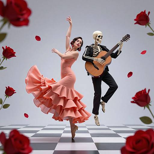 Photograph of a dancing woman in a flowing pink ruffled dress, and a skeleton playing guitar, surrounded by red roses on a checkered floor.