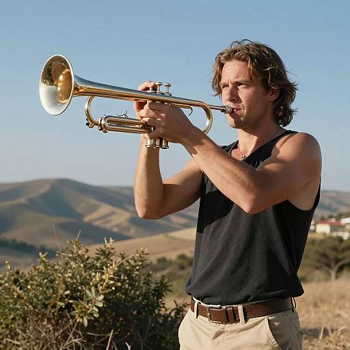 Young man playing trumpet outdoors