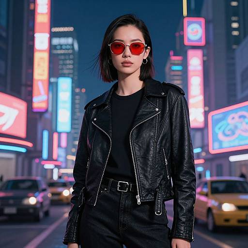 Confident Woman in Cyberpunk City