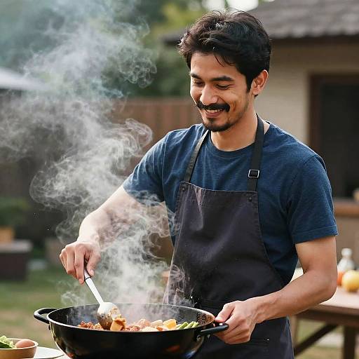 Smiling Bearded Man Grilling Outdoors