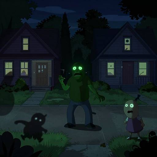 Digital cartoon: A green, glowing-eyed monster in blue jeans stands on a dark suburban street at night, with a small, wide-eyed child and a