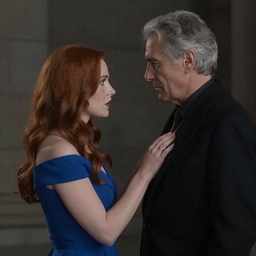 Red-Haired Woman in Blue Gown, Stoic Man