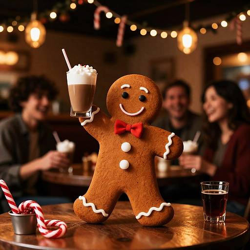 Gingerbread Man with Holiday Drink in Festive Pub