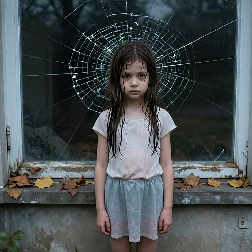 Photograph of a solemn young girl with wet, long brown hair, wearing a white shirt and gray skirt, standing in front of a shattered window with