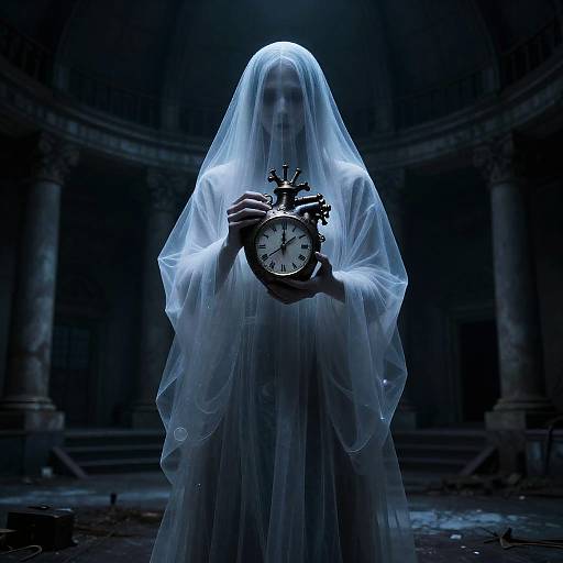 Ghostly figure holding clockwork heart