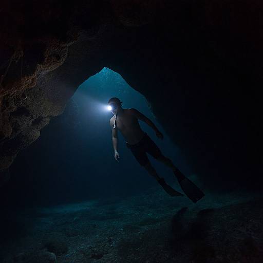 Photograph of a silhouetted, shirtless man with a flashlight, crouching in a dark, blue-lit cave entrance, casting