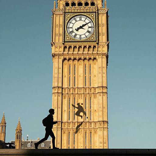Photograph of Big Ben clock tower, a silhouette of a person running past, and clear blue sky, with Gothic-style architecture.