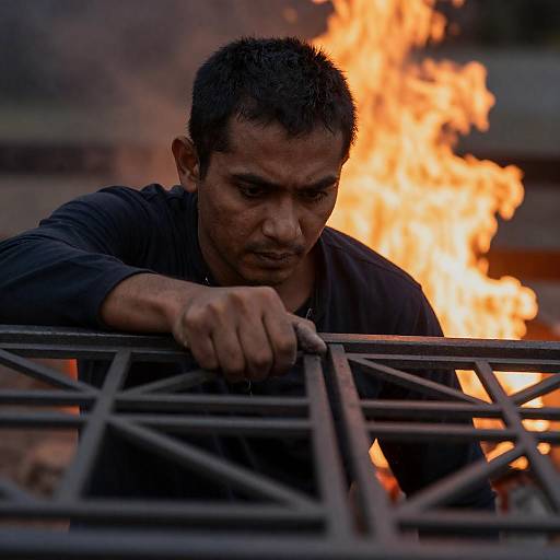 Focused Man Gripping Grate in Flames