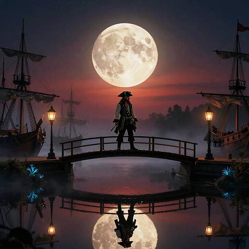 Silhouetted pirate on bridge under full moon, reflected in water, surrounded by ships, lanterns, and twilight sky in digital art.