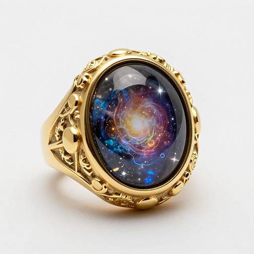 Photograph of a gold ring with an oval black gemstone showcasing a vibrant, colorful galaxy scene, featuring stars and cosmic swirls.