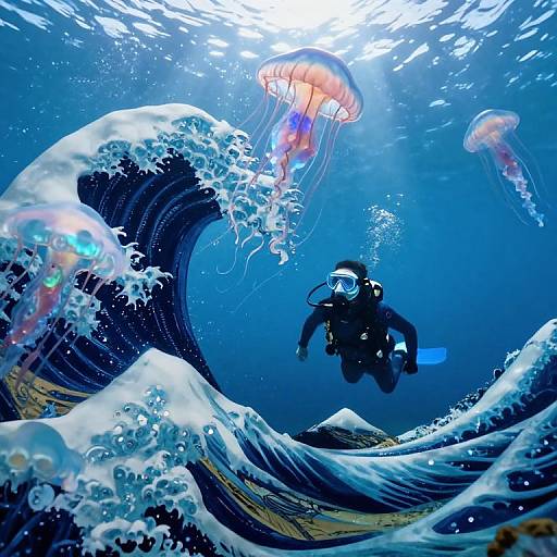 Photograph of a scuba diver amidst vibrant blue ocean waves, surrounded by glowing pink jellyfish, capturing underwater surrealism with dynamic wave textures.