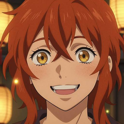 Anime-style digital portrait of a smiling girl with vibrant red hair, yellow eyes, and freckles, set against a warm, lantern-lit background