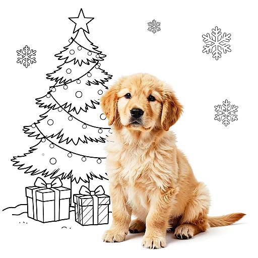 Photograph of a fluffy golden puppy sitting in front of a black line-drawn Christmas tree with snowflakes, gift boxes, and ornaments.
