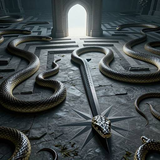 Photorealistic CGI: Dark, gothic stone floor with a large, glowing cross, surrounded by sinuous, glowing silver snakes, illuminated by a
